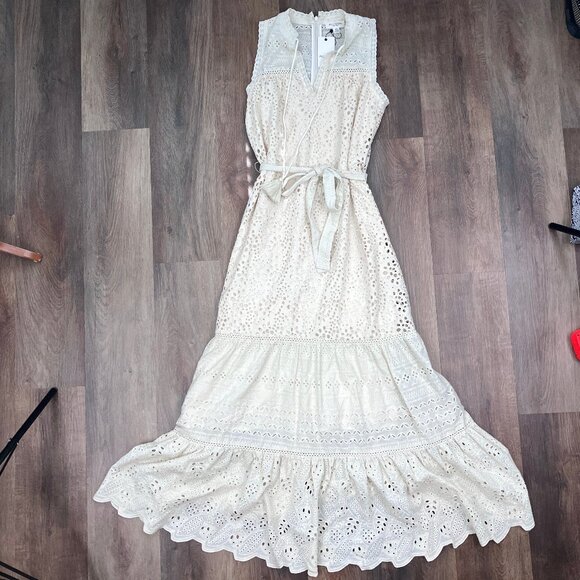 Allison Estelle Cream Eyelet Maxi Dress Small Cotton NWT Belted Boho Embroidered - Picture 11 of 14